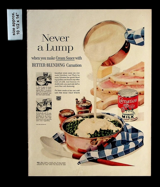 1955 CARNATION EVAPORATED Milk Never Lumpy Cream Sauce Vintage Print Ad
