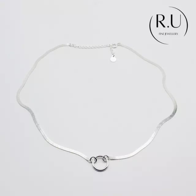 Sterling Silver Herringbone Chain Circle Pendant Choker Necklace, Gift For Her