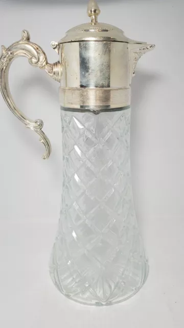 Vintage Crystal Glass Decanter Pitcher 14" With Plated Top