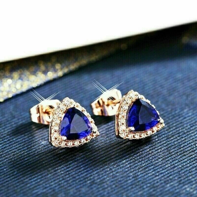 Yellow Gold Plated Trillion Cut Lab Created Sapphire Women stud Earring 3 Carat.