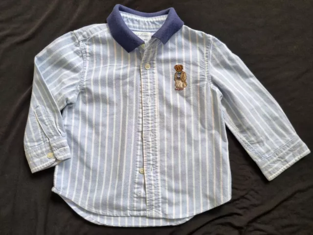 Ralph Lauren Toddler 12m Baby Boys Dress Shirt Bear Logo Stripe Blue White