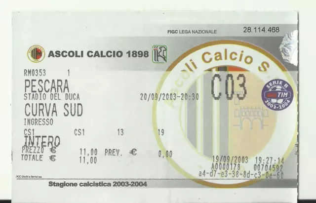 Biglietto Stadio Calcio Serie B 2003/04 Ascoli - Pescara 20/09/2003