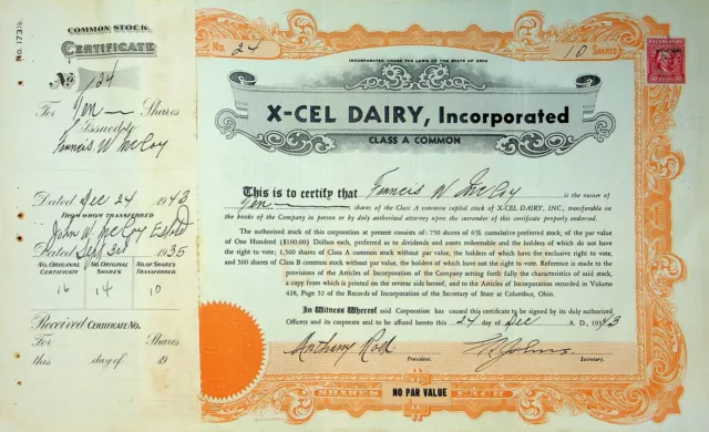 X-Cel Dairy Company Stock Certificate Bond Scripophilly Akron Ohio 1943 No 24 Y