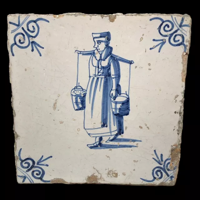 Nice Antique Dutch Delft Blue Hand Painted Tile Milkmaid Dairy Farming 17th C.