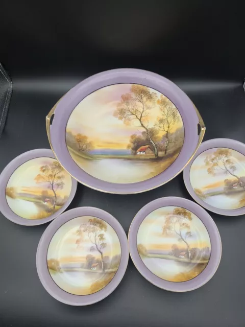 Noritake Landscape Scenic Bowls Hand Painted w/Handles Japan Cabin Lake Set Of 5