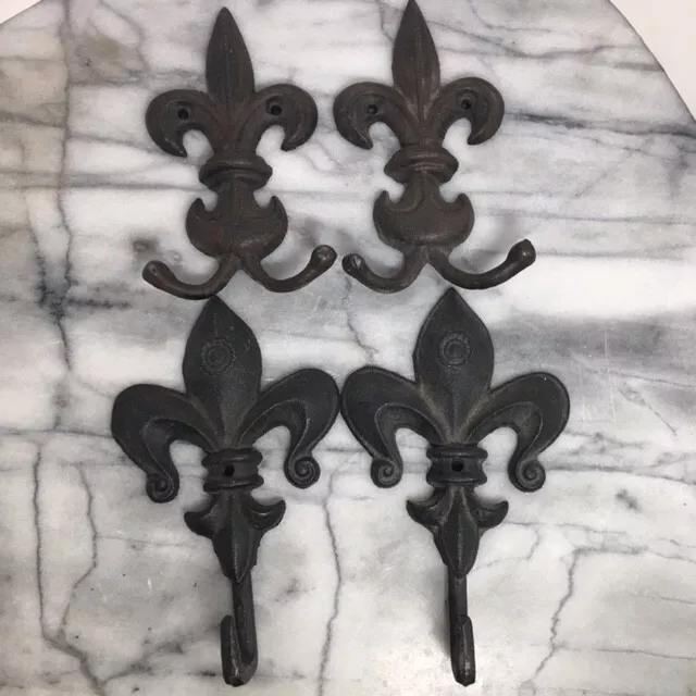 Lot of 4 Cast Iron Fleur De Lis Double Single Wall Hooks Key Coat Towel Hangers