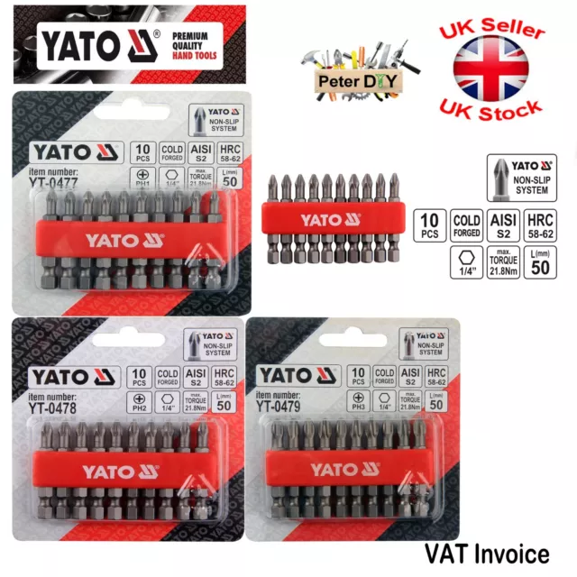 Yato Professional NON SLIP 50mm (2") YT-0477-9 BITS PHILLIPS PH1 PH2 PH3 10 PCS