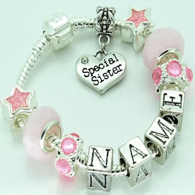 Girls Bracelet Personalised ANY NAME Pink Charm Beads Jewellery Birthday Gifts