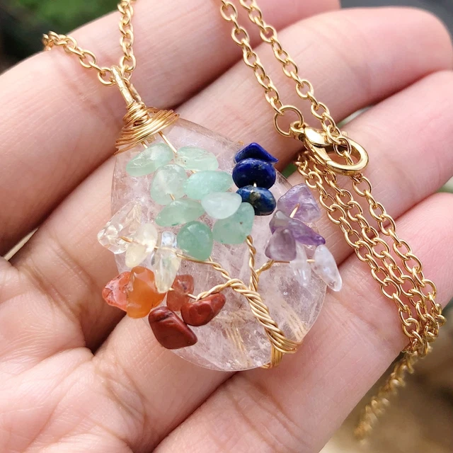 Rock Quartz Stone Tree Of Life WaterDrop Necklace Chakra Reiki Healing Amulet