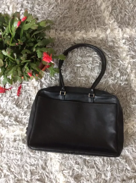 Vintage FURLA Bag Black Smooth Leather Shoulder Tote Zipper Top Made in Italy