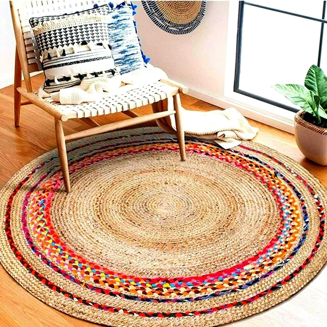 Rug 100% Natural Jute & cotton Braided Style Carpet Rustic Modern Look Rag Rugs