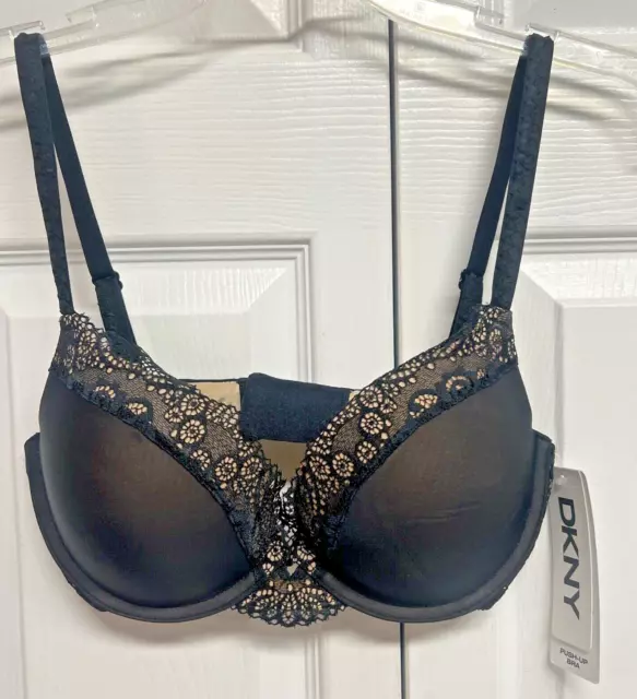 DKNY Seductive Lights Plunge Push-Up Bra Style 458176 Black/Cream 32DD NWT