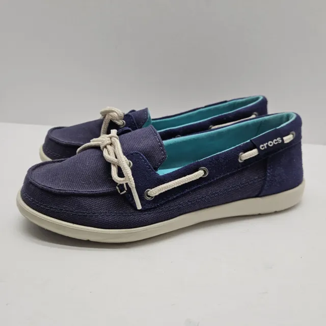 WOMENS CROCS WALU Blue Canvas Deck Boat Slip On Shoes Loafers Size 6 ...