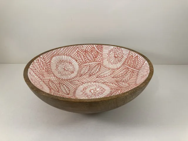 Opal House Mango Wood 11” Footed Bowl Lacquered Interior Red Flowers, India