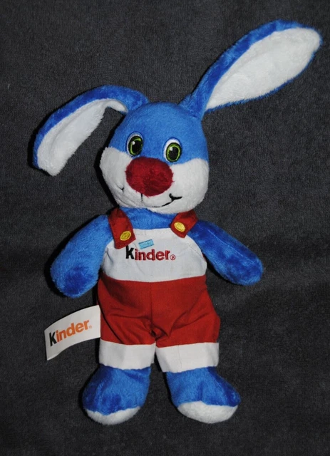 Peluche Doudou Lapin Bleu Blanc KINDER FERRERO Salopette Rouge 25 / 35 Cm NEUF