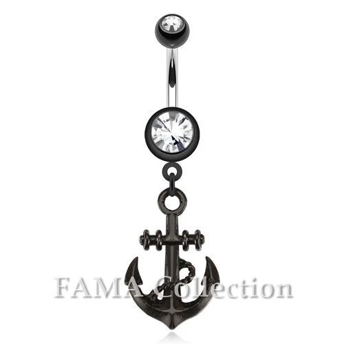 FAMA Black Anchor Dangle Navel Belly Ring 316L Surgical Steel w/ Clear CZ