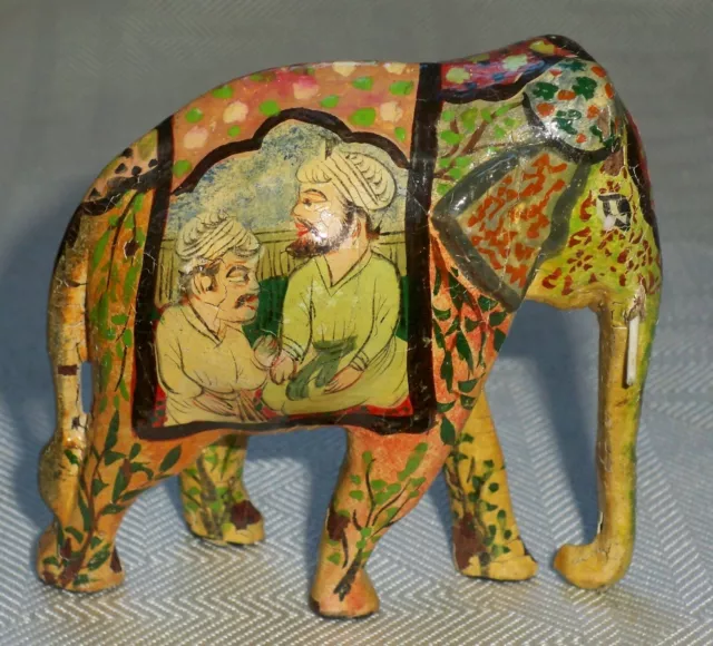 Old Elephant Hand Painted Wood Carved Figurine Miniature India Art 3" Statue