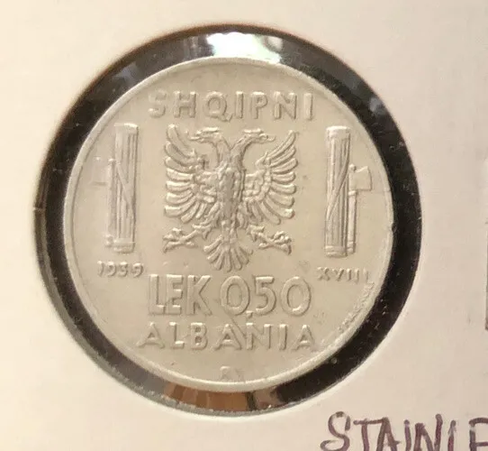 1939R Albania Italian Occupation 0.50 Lek High Grade Coin-Km#30-Mintage=100,000