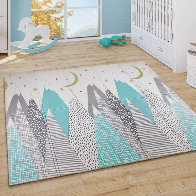 Tapis Jeu Enfant Bébé Lavable Animaux Nuages Réversible Étoiles Lune Blanc Gris