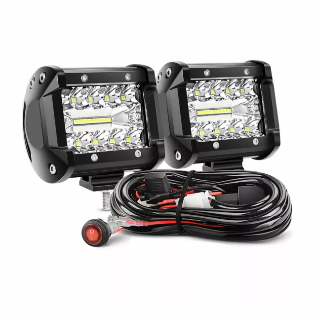 2x 4inch 120W LED Work Lights Flood Beam Light Bar Reverse 4WD + Wiring Kit 2