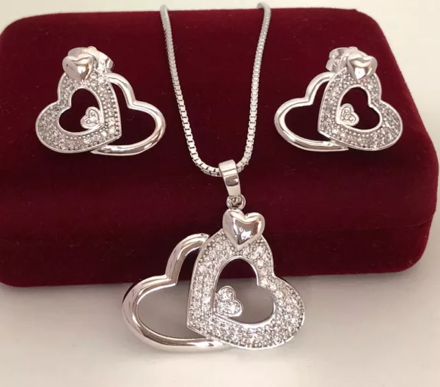 Set de Bijoux Pendentif Cœur avec Zircone Cristaux Argent Weißvergoldet Boîte