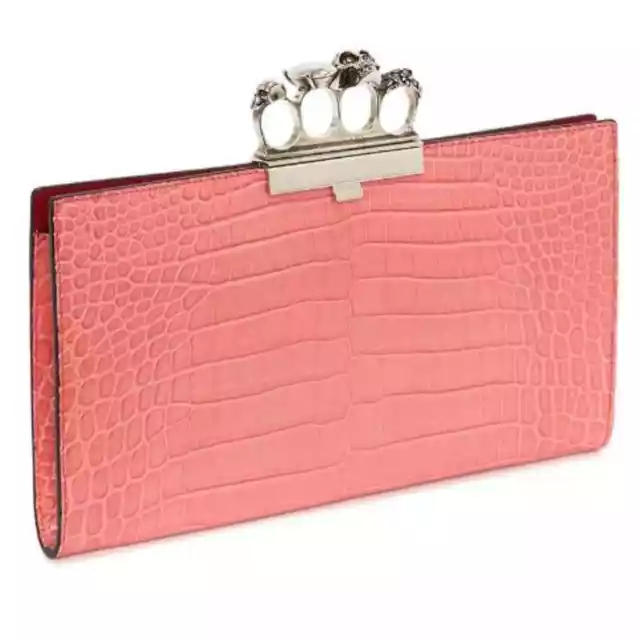 Alexander McQueen Skull Four-Ring Croc-Embossed Leather Clutch Pink Alexander McQueen Skull Four-Ring Croc-Embossed Leather Clutch Pink