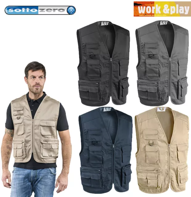 Gilet da Lavoro Multitasche Smanicato Uomo Pesca Caccia in Cotone Poliestere SC 3