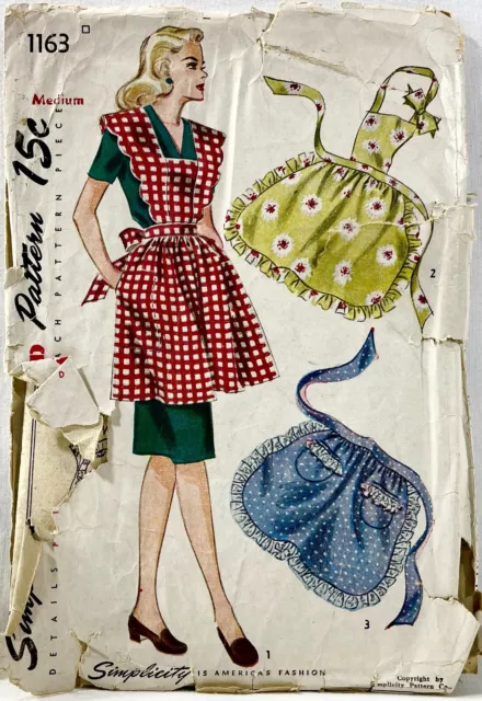 1944 Simplicity Sewing Pattern 1163 Womens Whole+Half Aprons 3 Styles Med 13838