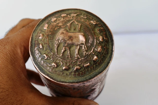 Antique Burmese Betel Box Canister Cylindrical Copper Embossed Figurine Elepha"F 6