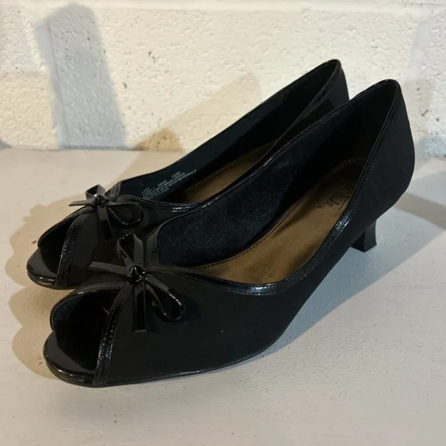 Womens LIFE STRIDE~BLACK OPEN TOE SHOES~size 10m LINA Heels Fabric Shoes