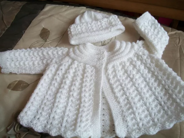 Hand Knitted White Baby Matinee Set For  0-3 months - Cardigan And Hat