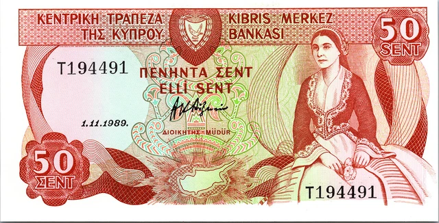 Cyprus 50 Cents 1989, RADAR 194491 UNC, P-52