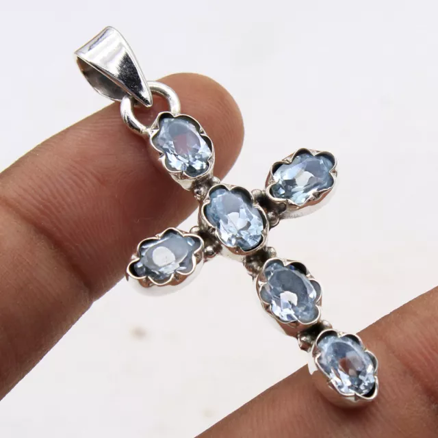 Christmas Special Blue Topaz Holy Cross Pendant 925 sterling Silver Jewelry 2"