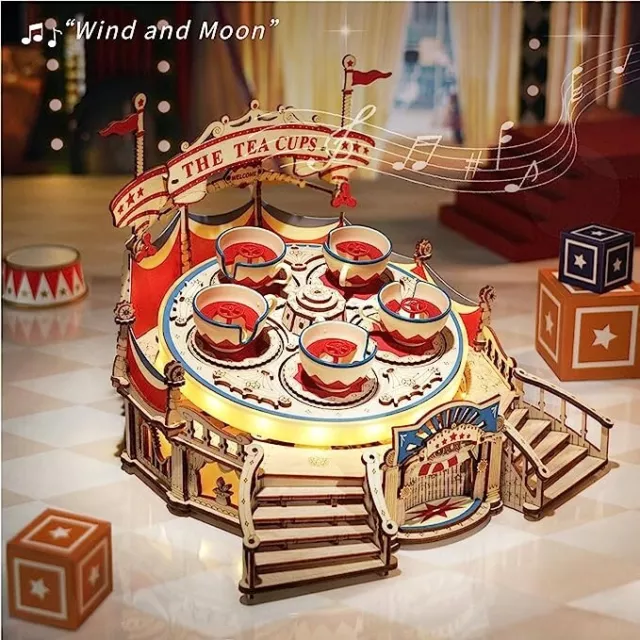 ROKR Tilt-A-Whirl 3D Wooden Puzzle LED Music Box DIY Model Kits Gift for Child 3