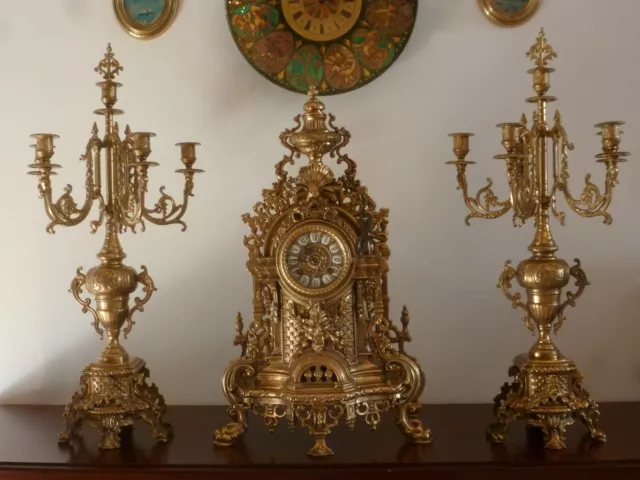 Kaminuhr Bronze Brass Mantle Clock Hermle mit 2 Kerzenhalter 6-flammig