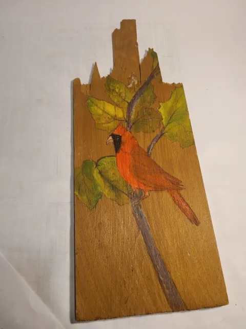 Vintage Painting on Board Red Cardnal Bird On a branch Decrative  Cedar Shake