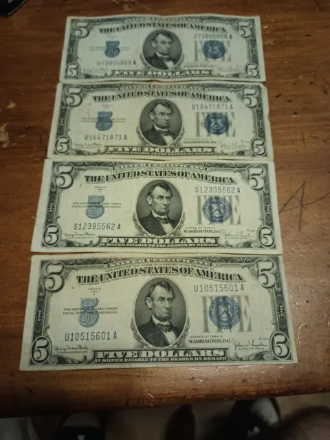 (4) 1934 d - Five Dollar Silver Certificate $5 Bill Blue Seal Note lot ungraded