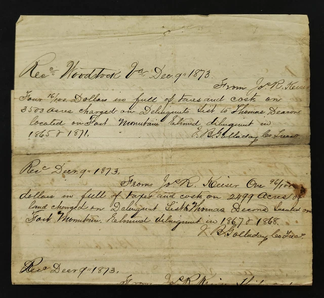 1873 antique RECEIPTS woodstock va JACOB BURNER GOLLADAY civil war wounded pow