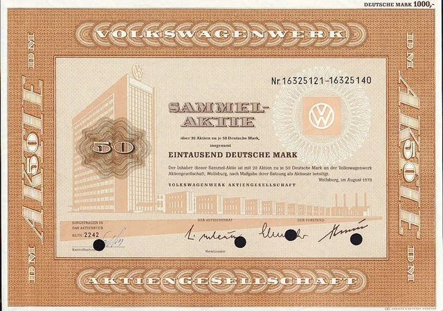 VW VOLKSWAGEN VOLKSWAGENWERK GERMANY 1978 1,000 DM - Vign.: HQ Wolfsburg
