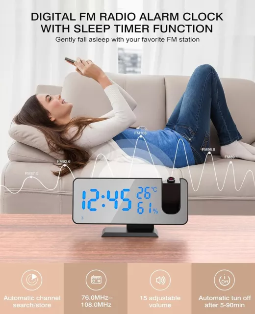 7.5" LED Digital Projector Projection Snooze Dual Alarm Clock FM Radio Timer USB 3