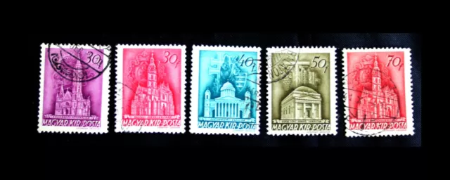 lot, série de 5 timbres stamps monument architecture Hongrie magyar 1918 O TBE