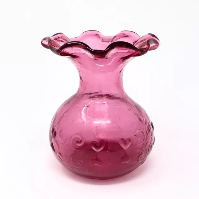 Rossi Vase Ruffle Top Art Glass Canadian Red Cranberry Valentine Embossed Hearts