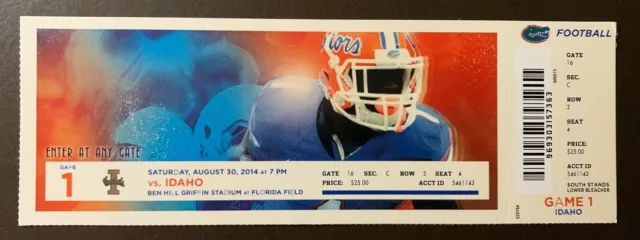 Florida Gators 8/30/2014 NCAA football ticket stub vs Idaho Vandals