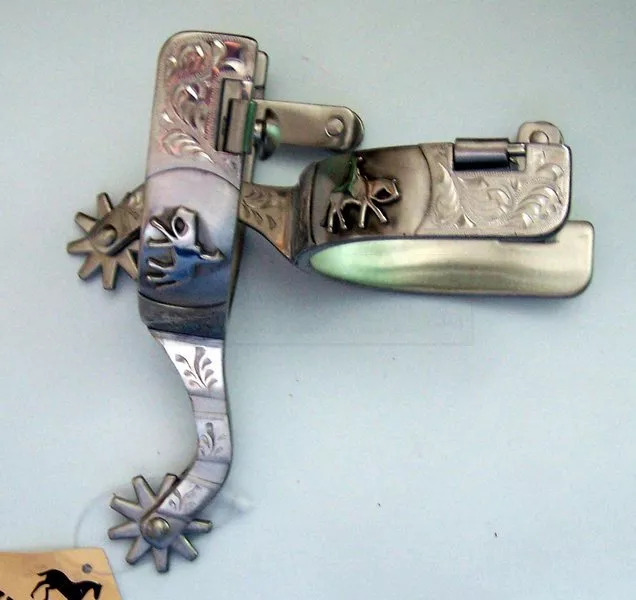 Western Horse Engraved Silver Stainless Horse Spurs w/ Horse and Rider overlay
