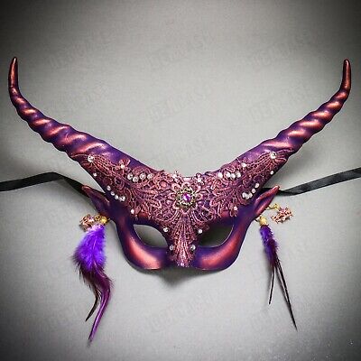 Halloween Women Masquerade Lace Eye Mask Purple Devil Horns Venetian Costume