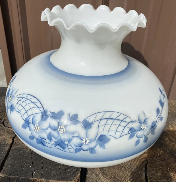 Vtg Hand painted Blue Flowers Milk Glass GWTW Lamp Shade Fitter 9 5/8” OD 11” T