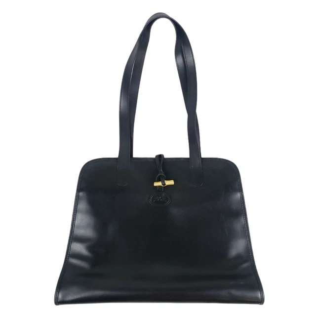 LONGCHAMP Roseau VINTAGE Black Leather Shoulder Satchel Purse Bag Made in France