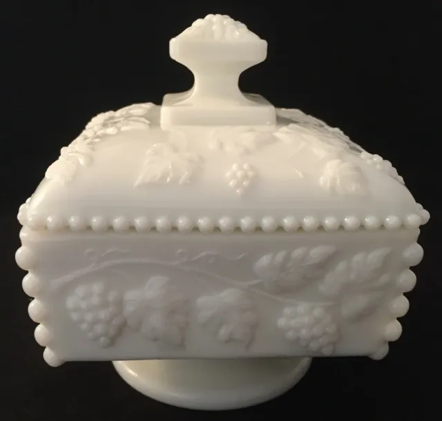 Westmoreland White Milk Glass Footed Square Candy Dish - Paneled Grape