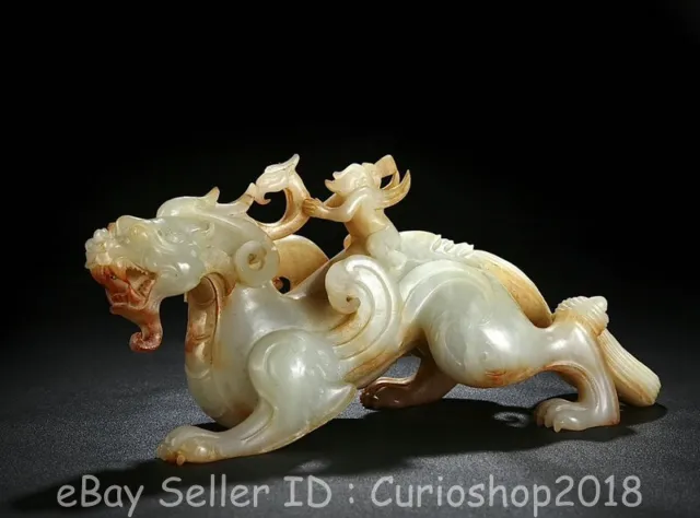 8.2" Chinese Natural Hetian White Jade Carving People Dragon Beast Statue