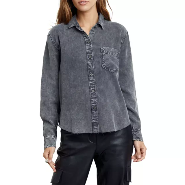 Rails Ingrid Raw Hem Button Up Shirt XS Black Acid Wash Faded Denim Long Sleeve